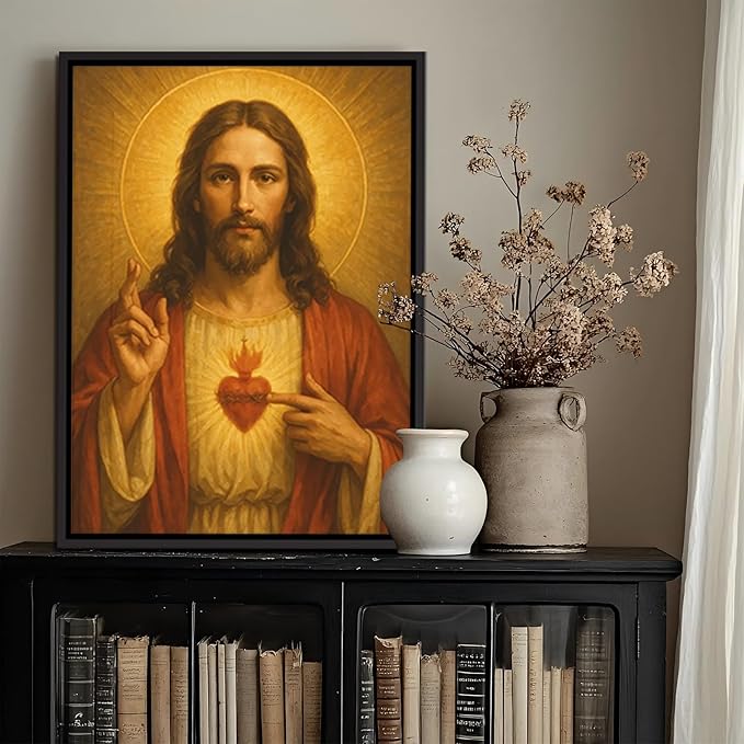 Framed Sacred Heart of Jesus Canvas Wall Art Divine Mercy Wall Decor Jesus Portrait Painting Christian Religious Artwork Catholic Poster Prints for Bedroom Living Room Prayer Room Church 12x16in