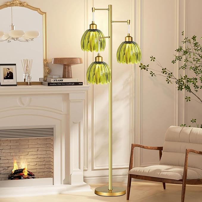 WLQCWL Vintage Floor Lamps for Living Room-3 Light Gold Floor Lamp with Three Bulbs & Glass Lampshape,Glass Mid Century Modern Standing Lamp Tree Tall Flower Floor Lamp for Bedroom Living Room,Corner
