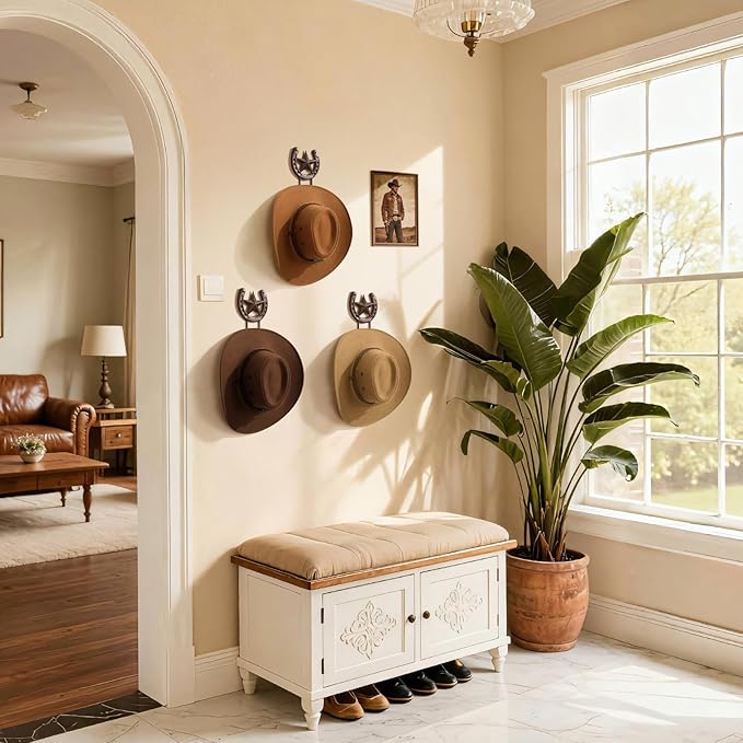 Cowboy Hat Hanger for Wall 4 Pack Cowboy Hat Holder Wall Mount Horseshoe Hooks Metal Hat Rack Hat Storage Western Wall Decor for Entryway Closet Bedroom Living Room Western Gift