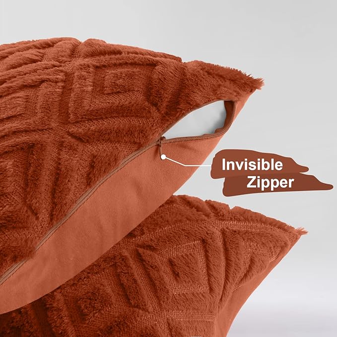 decorUhome Pack of 4 Faux Fur Fall Burnt Orange Throw Pillow Covers 16x16, Soft Decorative Couch Pillow Covers with Velvet Back for Modern Sofa Living Room, Rust