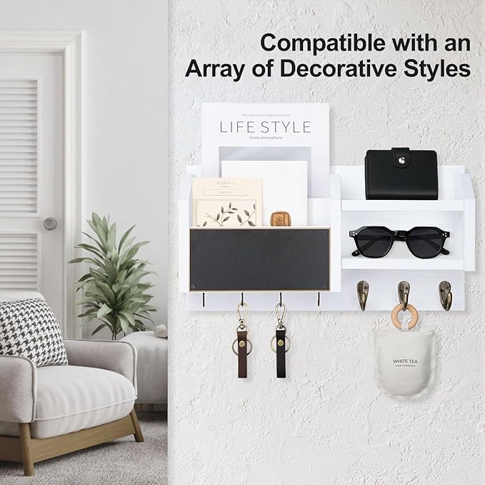 Mail and Key Holder – Wall Mount Key Hanger with Shelf and 7 Metal Hooks – Decorative Natural Paulownia Wood Entryway Organizer with Mounting Hardware (16.5”W x 8.7”H x 3.5”D) (White)