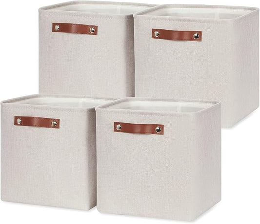HNZIGE Cube Storage Baskets,Linen Storage Baskets for Shelves(4 Pack) Fabric Storage Basket for Toys,Baskets for Storage,Foldable storage cubes 11x11x11 for Books,Towels,Closet with Handles(Cream)