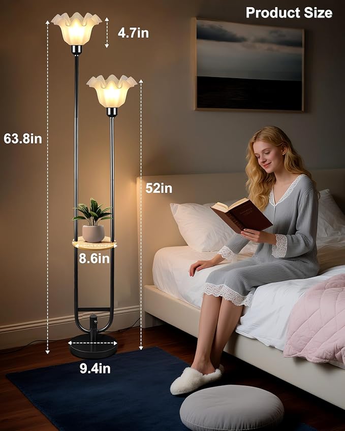 ACOHOOK Dimmable Flower Floor Lamps with Table, 2-Lights Floral Floor Lamp, 3000K Warmwhite Candle Holder Style Modern Floor Lamp, Rustic Black Standing Lamp for Living Room Bedroom