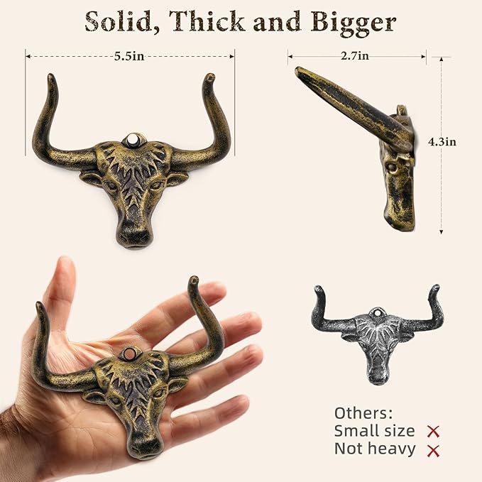 Cowboy Hat Rack for Wall 1 Pack Modern Cast Iron Cowboy Hat Holder Cowgirl Hat Hanger Western Decor Longhorn Wall Hooks Closet Bedroom Living Room Antique Gold Men's Western Gifts