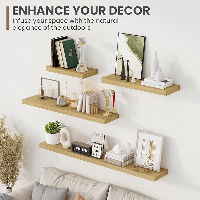 48 Inch Floating Shelves, 8 Inch Deep Floating Shelves for Wall, Hanging Shelf with Invisible Brackets, Deep Shelves for Bathroom, Bedroom, Living Room, Oak, Set of 2