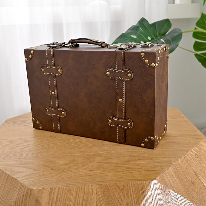 Vintage Leather & Wood Storage Box – Compact Decorative Suitcase Chest with Classic Design, Perfect for Keepsakes, Travel, and Home Organization