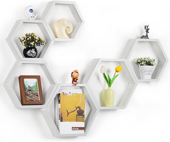 Hexagon Floating Shelves Set of 6 Wood Honeycomb Shelves Wall Mounted Farmhouse Storage Honeycomb Wall Shelf Hexagonal Decor Shelf with Hanging Hardware for Bedroom Living Room Kitchen, White MDF