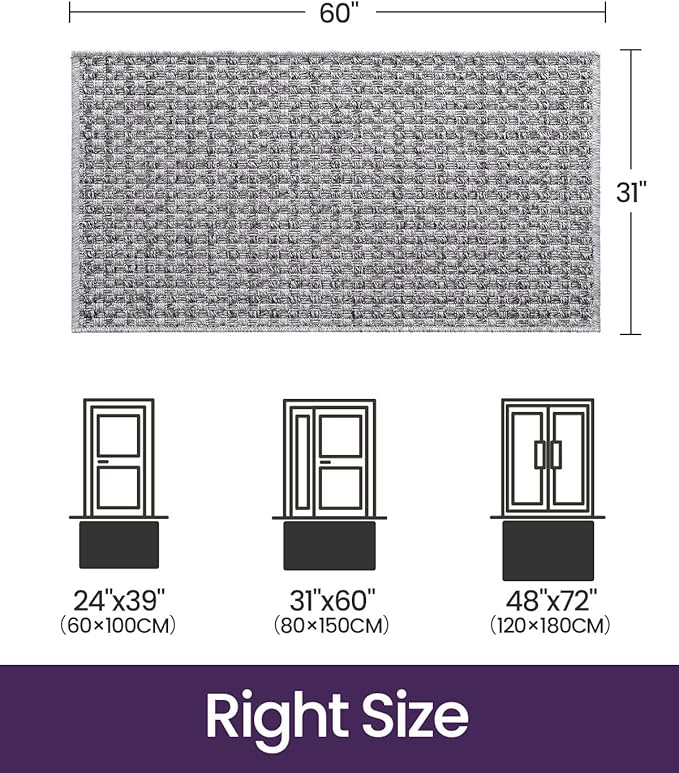 DEXI Dirt Trapper Door Mat, 31x60 Washable Doormat, Dirt Resistant and Absorbent, Easy Clean Low-Profile Floor Rugs for Entryway, Front Door, and Inside Entrance, Checkered Grey