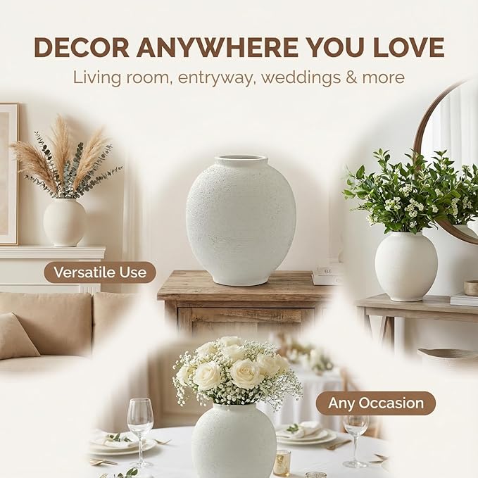 Large White Ceramic Vase, 9.8 inch Round Minimalist Textured Vase, Rustic Farmhouse Decor for Home, Living Room, Shelf, Table, Wedding & Entryway Decoration (Sandstone White)