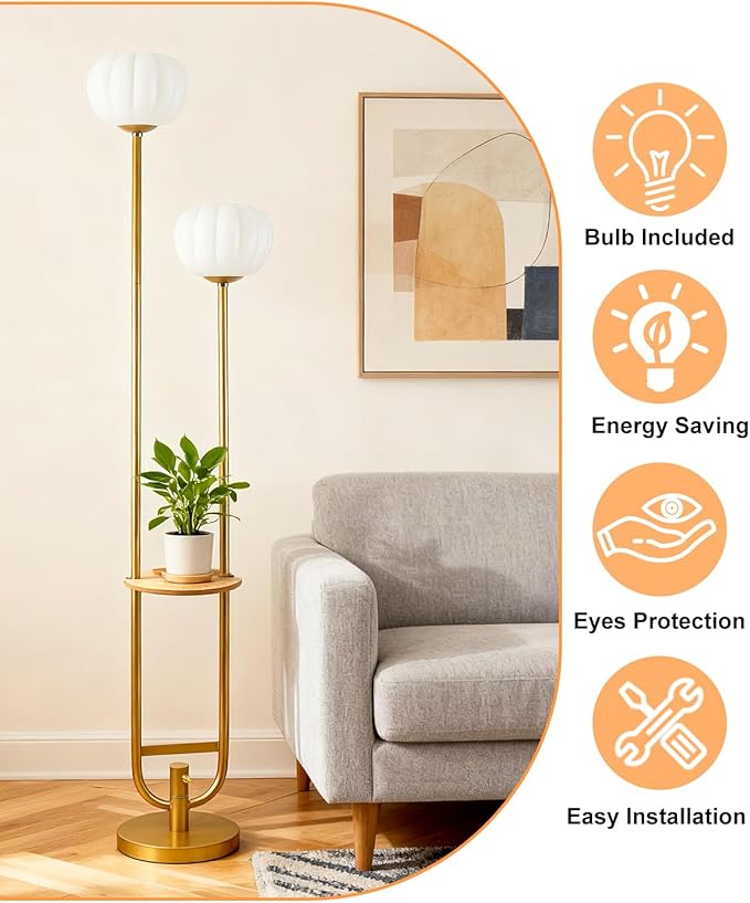 Lightdot 63IN Gold Floor Lamp Dimmable Standing Lamps with 2 Pumpkin Lampshades& Warm White LED Bulbs, Unique U-Pole Mid Century Modern Tall Lamp for Living Room/Bedroom/Wedding/Party