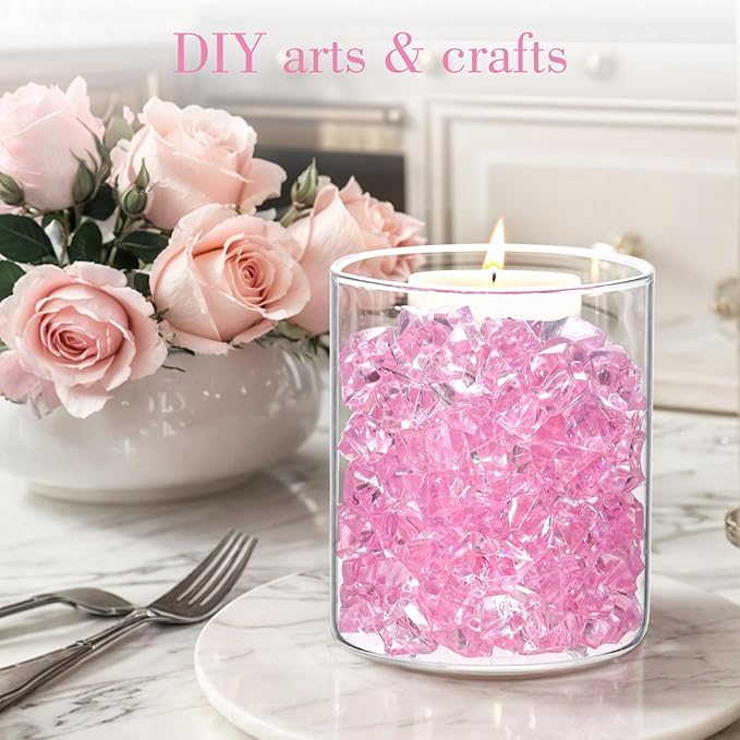 DOMESTAR Pink Fake Ice, 150PCS Acrylic Fake Diamonds, Plastic Crystals Gems, Vase Fillers DIY Craft Makeup Brush Rocks Wedding Party Table Centerpieces Scatter Valentines Day Decorations
