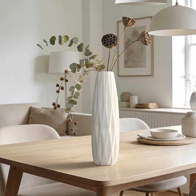 12 Inch White Vase Ceramic Flower Vase, Tall Vases for Pampas Grass, Home Decor, Modern Textured Vases for Living Room Decorations,Table Centerpieces,Shelf,Farmhouse Small Ceramic Vase