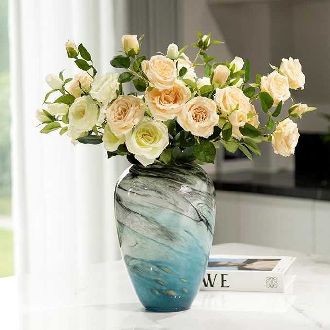 11" H Teal Glass Vases for Flowers, Unique Hand Blown Glass Vase Blue Home Decor, Wide Mouth Colorful Flower Vase Centerpieces, for Living Room Table Bookshelf, Bathroom Office Shelf Decorative