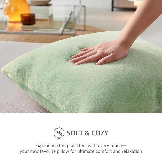Pallene Faux Fur Plush Spring Throw Pillow Covers 26x26 Set of 2, Soft Fluffy Couch Pillow Covers for Living Room, Sage Green
