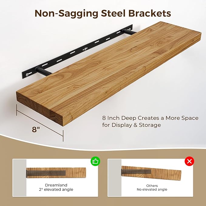 Rustic Floating Shelves for Home Decor, 32 Inch Long Wall Shelves Set of 2, Solid Elm Wood Floating Shelf for Wall, 8 Inch Deep Bookshelf for Storage & Display, 32 x 8 Bathroom Shelf, Natural Color