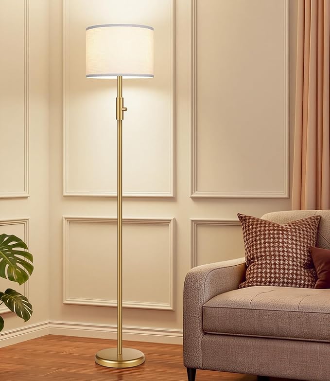 Yemela 【Upgraded】 Dimmable Gold Floor Lamps for Living Room, 11W LED Bulb Included, Modern Standing Lamp with White Lamp Shade, Tall Pole Light for Bedroom Reading Office Corner Nursery