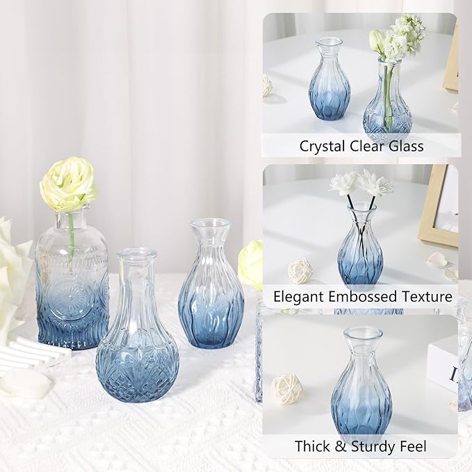 RUCKACE Bud Vases in Bulk 22 Blue Glass Small Vases Flower Vase Bulk for Centerpiece Table Wedding Decorations Home Decor Party(Gradient Blue 22 Pack)