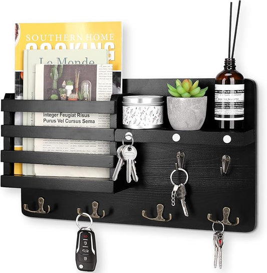 Decorative Key Hanging Rack with 10 Hooks – Easy Install Natural Wooden Key and Mail Holder for Wall Mount – Entryway Decor Rack with Shelf (Black)