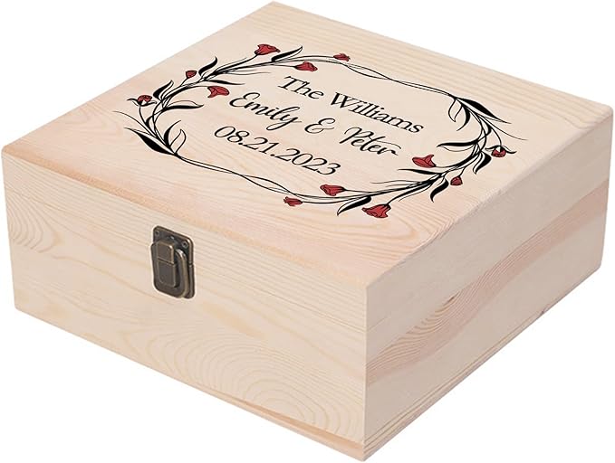 Personalized Wedding Keepsake Box Custom Name Date, Wooden Memory Box Wedding Gift Box for Couples Newlyweds - Customized Gifts for Bridal Shower Anniversary Engagement Christmas