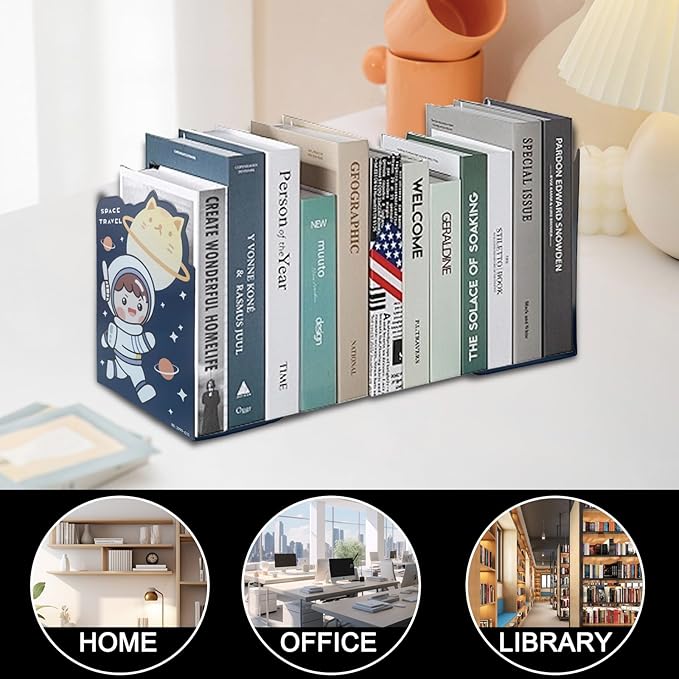 2 Pack Metal Bookends,Non-Slip Cartoon Boy Astronauts Book Stopper,5.3"x3.9"x8"Heavy Duty Premium Space-Themed Decorative Book End, Supports for Kids Children Shelves,School,Room,Office,Learning Gifts