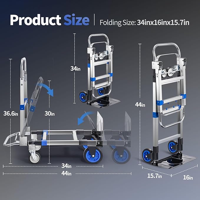 Pro 2 in 1 Aluminium Hand Truck Dolly 660lbs Capacity, Heavy Duty Convertible Hand Truck W/Pneumatic Wheels, Foldable Dolly Cart Collapsible Trolley for Moving with Retractable Handle