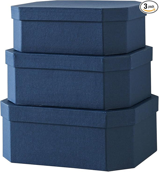 Soul & Lane Octagon Textured Decorative Boxes in Navy Blue, Set of 3 Unique Nesting and Durable Cardboard Memory Storage Boxes for Organizing, Gifts, Keepsakes