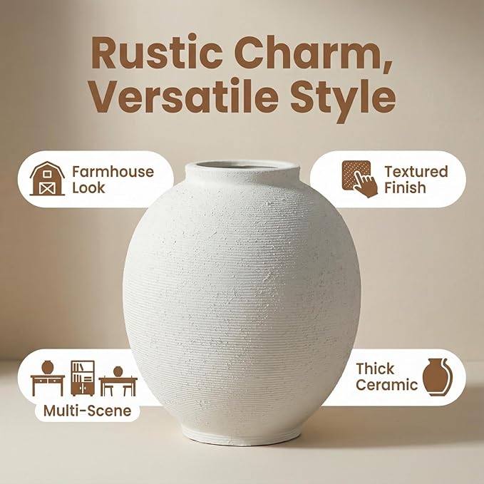 Large White Ceramic Vase, 9.8 inch Round Minimalist Textured Vase, Rustic Farmhouse Decor for Home, Living Room, Shelf, Table, Wedding & Entryway Decoration (Sandstone White)