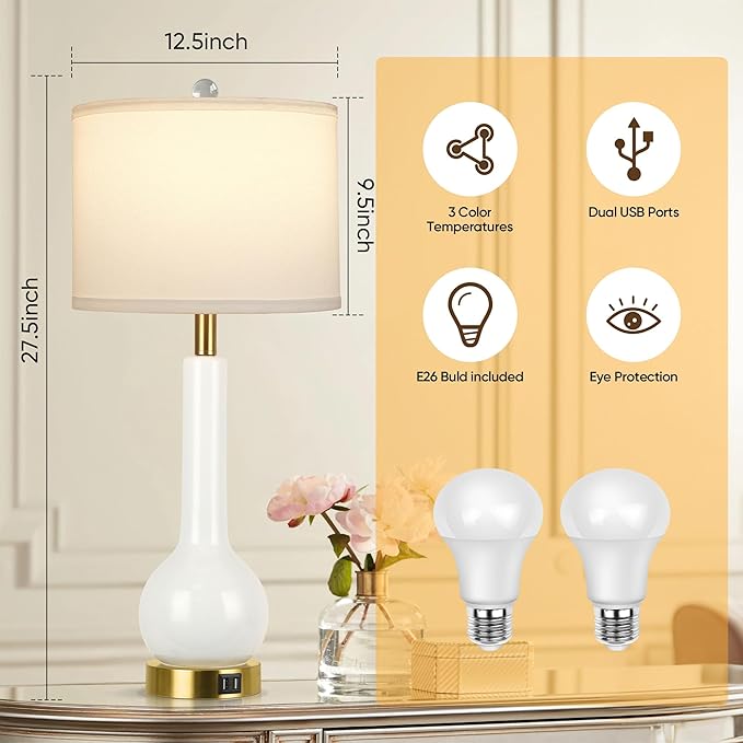 ROTTOGOON 27.5'' Tall Ceramic Table Lamp Set of 2 for Living Room, 3 Color Temperatures Bedroom Lamps with 2 USB Ports, Modern White Bedside Lamps for Night Stands (Bulbs Included)