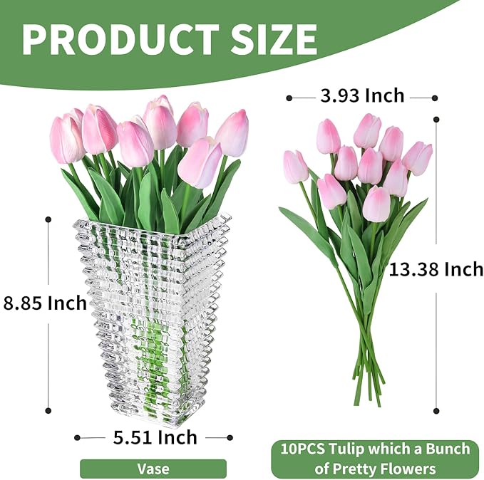 Faux Flowers in Vase, Artificial Pink Tulips Flowers Floral Arrangements with Glass Vase Flower vases with Bouquet for Table Centerpiece, Coffee Table Decor, Home Kitchen, Living Room, Bathroom Decor