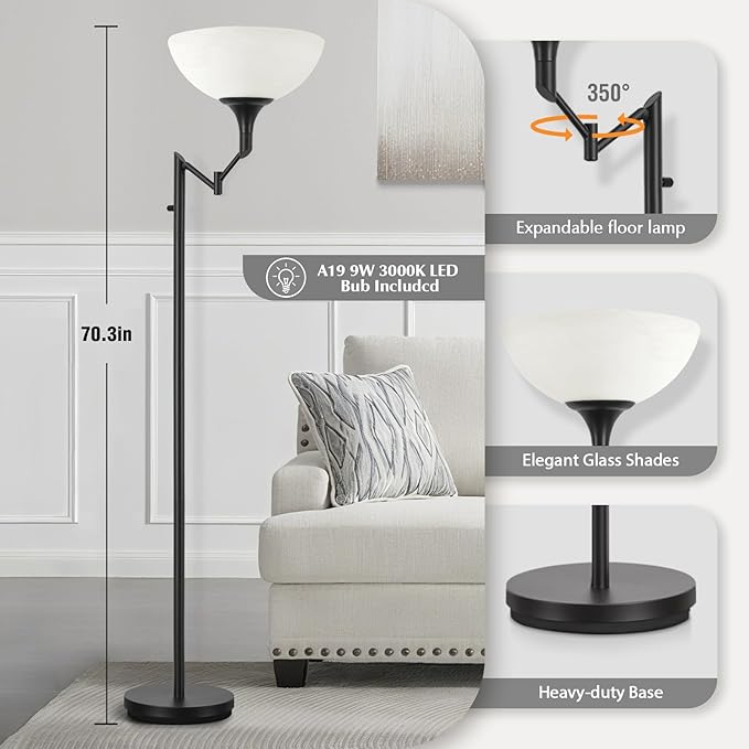 EJIAXIN Floor Lamps for Living Room Black, 70" Tall Standing Lamp with Glass Shade, Torchiere Floor Lamp with 350°Adjustable Swing Arm Lamp, Pole lamp for Bedroom, Living Room, Office, Bulbs Included