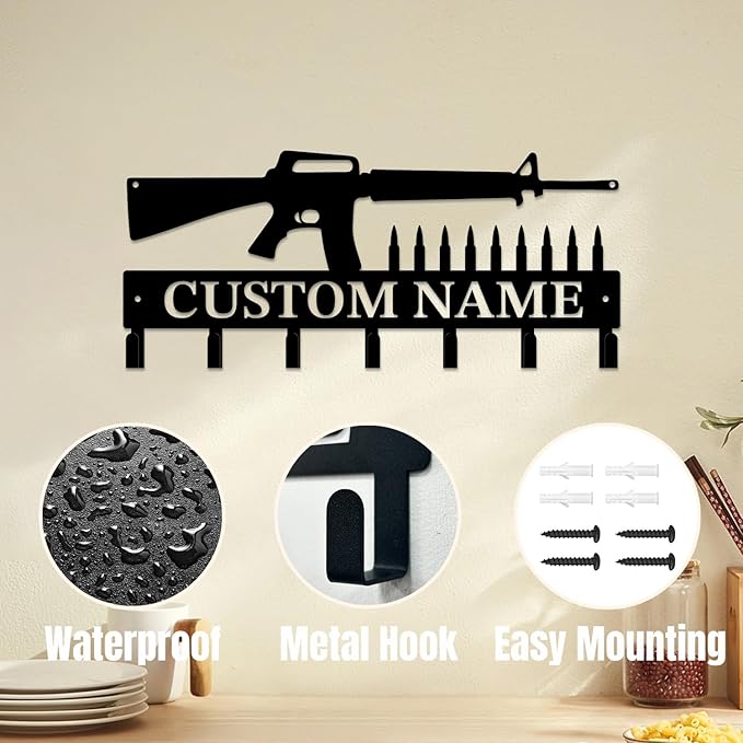 Personalized Custom Name Gun Wall Hooks,Metal Gun Room Art Clothes Hooks,Metal Gun Wall Home Storage Decorative,For Front Door, Hallway, Kitchen, Bedroom,Keys,Hats (Style H)