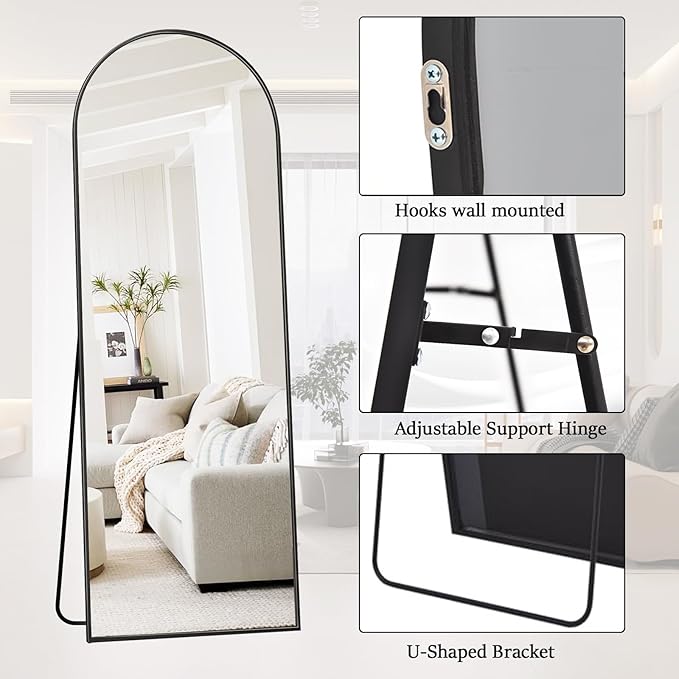 Floor Mirror Arched Full Length Mirrors, Mirror Full Length Standing Hanging or Leaning Against Wall, 59"x18" Large Full Body and Wall Mounted Mirror for Bedroom Living Room, Black