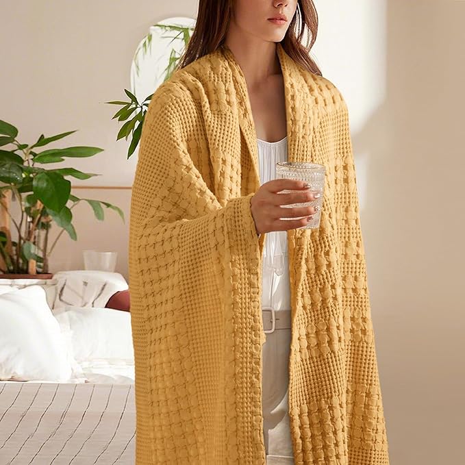 PHF 100% Cotton Waffle Weave Throw Blanket, Soft Lightweight Breathable Cozy Throws for Couch Bed Sofa, 300 GSM Luxury Aesthetic Blanket Gift for Home Decor & Office, 50"x60", Pumpkin Orange