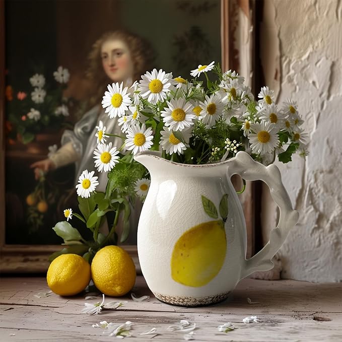 DIF Deco Vintage Lemon Ceramic Vase, Ice Glazed Crack Farmhouse Pitcher Vase for Shelf, Centerpiece Table,Room,Bathroom,Bedroom,Living Room,Office Decorations(6.4 inch)