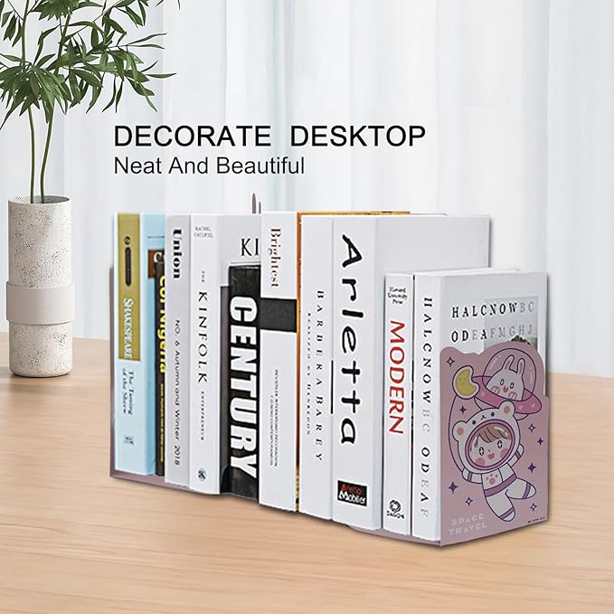 2 Pack Metal Bookends,Non-Slip Cartoon Girl Astronauts&Flying Saucer Book Stopper,5.3"x3.9"x8"Heavy Duty Premium Decorative Book End, Supports for Kids Children Shelves,School,Room,Learning Gift