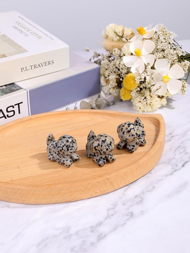 Jovivi Natural Dalmation Spot Jasper Crystal Lying Dog Statue Home Decor Carved Mini Gemstone Puppy Dog Figurines Pocket Sculpture Reiki Healing Stones Decorative Ornament Gift