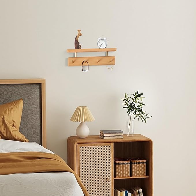Solid Wood Shelf with Hooks, 12 inch Coat Rack Wall Mount, Shelves with 4 Brass Hooks for Hanging in Entryway, Living Room, Bathroom, Bedroom, Kitchen(Beechwood)