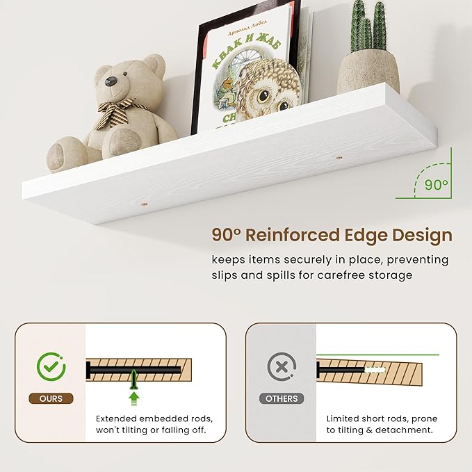 36in Floating Shelves for Wall, 36"W x 9.25"D x 1.25"H, 2 Pack Long Wall Mounted Engineered Wood Shelves with Invisible Brackets for Living Room, Bedroom, Bathroom, Kitchen Decor and Storage, White