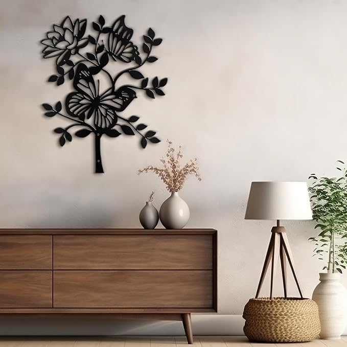 SIGNLEADER Metal Wall Art Decor Butterfly and Flower Minimalist Modern Abstract Wall Sculpture Hangings Home Decoration for Living Room, Bedroom, Bathroom, Kitchen, Outdoor - 18" Black