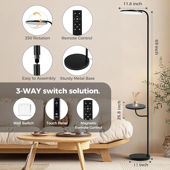 Floor Lamp with Table & Shelves,LED Stepless Dimmable Torchiere with Remote & Touch Control, 350° Rotating Head Reading Floor Lamp for Living Room, Bedroom, Office