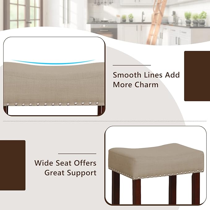 Giantex 25" Counter Height Bar Stools Set of 2 - Backless Saddle Barstools with Nailhead Linen Foam Seat, Max Load 330 Lbs Wood Bar Stools with Foot Rest for Kitchen Island, Khaki