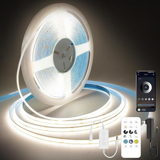 COB LED Strip Lights Natural White,24V Dimmable led Light Strip KIT with Remote and app Control,4000K 25FT/7.5m 8mmwide Ra>90 Cuttable Flexible Strip Lights for Bedroom,Wardrobe,Cabinet