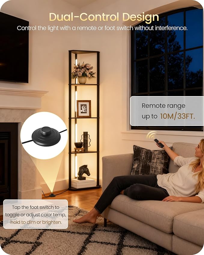 GOEBLESON 63.4” Display Shelf with Light, Modern Corner Floor Lampe with Shelves, LED Dimmable Standing Lamp with Remote for Living Room, Bedroom, Office, Adjustable CCT, Black Triangle B55LD05