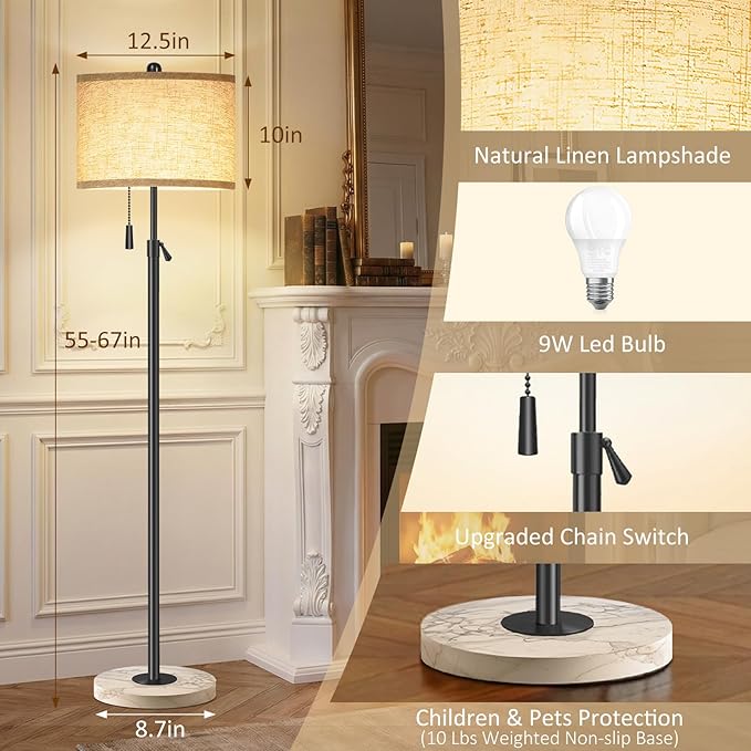 FUNNYBEHOM Floor Lamp for Living Room - Adjustable Height Standing Lamp with Marble Base & Linen Shade - Tall Pole Floor Light with 3 Color Temperatures Bulb for Bedroom, Reading - Easy Assembly