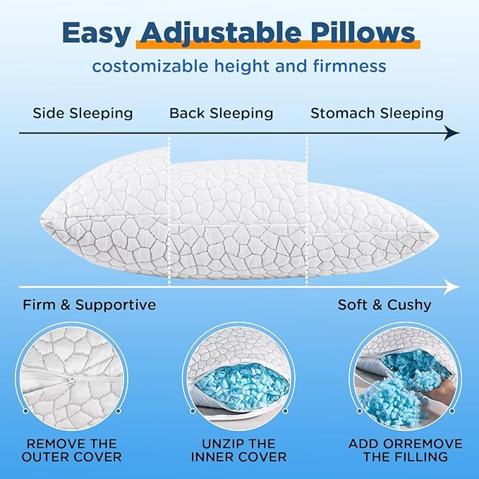 Cooling Pillows Queen Size Set of 2 Shredded Memory Foam Pillows for Side Back Stomach Sleepers, Two-Sided Cool Adjustable Firm or Soft Bed Pillow Luxury Gel Neck Pillow for Neck Shoulder Pain Relie
