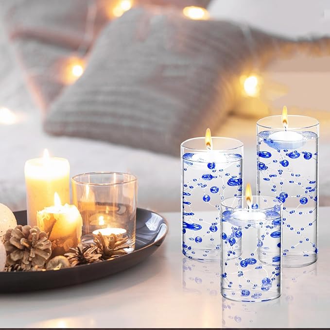 6 Set Glass Cylinder Vase with 8 Artificial Pearl String 12 White Floating Candle Multi-Size Cylinder Vase for Centerpieces 4"+ 6" + 8" Glass for Wedding Party Table Decor (6 Pcs-Blue)