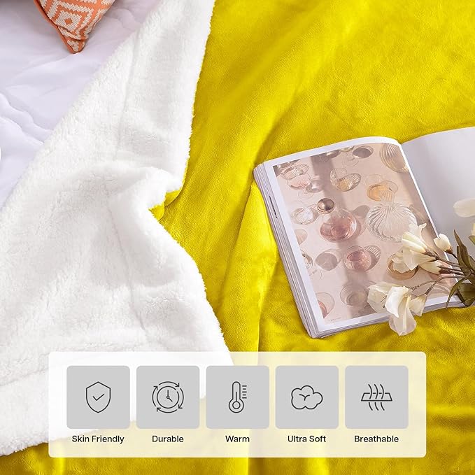 MOONLIGHT20015 Sherpa Blankets Queen Size - (Ochre, 90X90 Inches) Fuzzy, Soft and Wool/Fleece Blanket for Bed, Fluffy Blankets for Winter, Camping and Travel