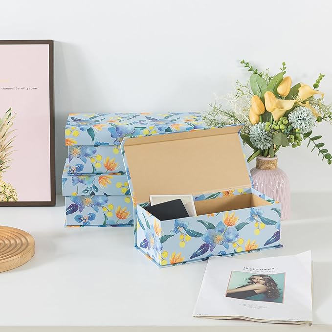 Soul & Lane Blue and Yellow Decorative Storage Boxes with Lids - Set of 3 - Sunlit Garden Delight: Floral Memory Keepsake Boxes with Magnetic Closure, Cardboard Storage for Photos, Organizing, Gifts