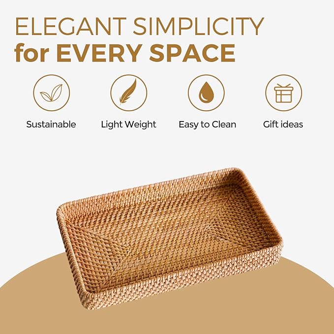 Rattan Serving Tray, Woven Wicker Rectangle Tray Shallow Basket for Organizing, Rattan Baskets for Coffee Table, Kitchen Counter, Bathroom, Organizing and Storage (14.6 x 9.1 inch)