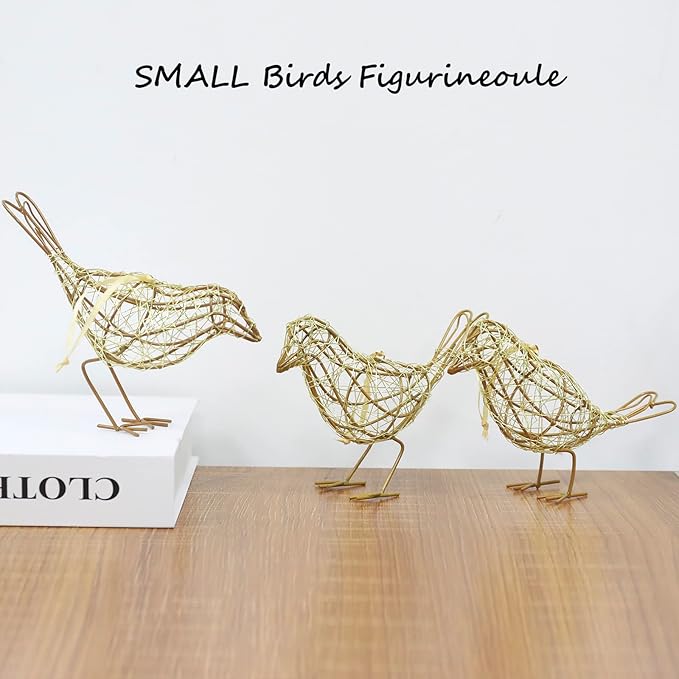 Artisan Bird Statues Trio - Christmas Ornament - Table Decor Handmade Gold-Wire Woven - Modern Farmhouse Shelf Decor with Hanging Chain, Multi-Pose Metal Bird Figurines for Home Office